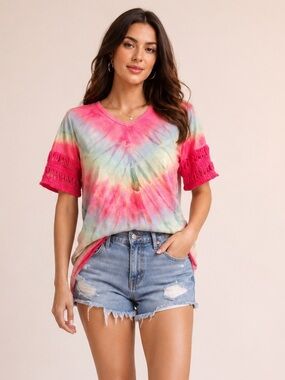 Hard Tail Refashioned Tie Dye Crochet sleeves Tee shirt size small